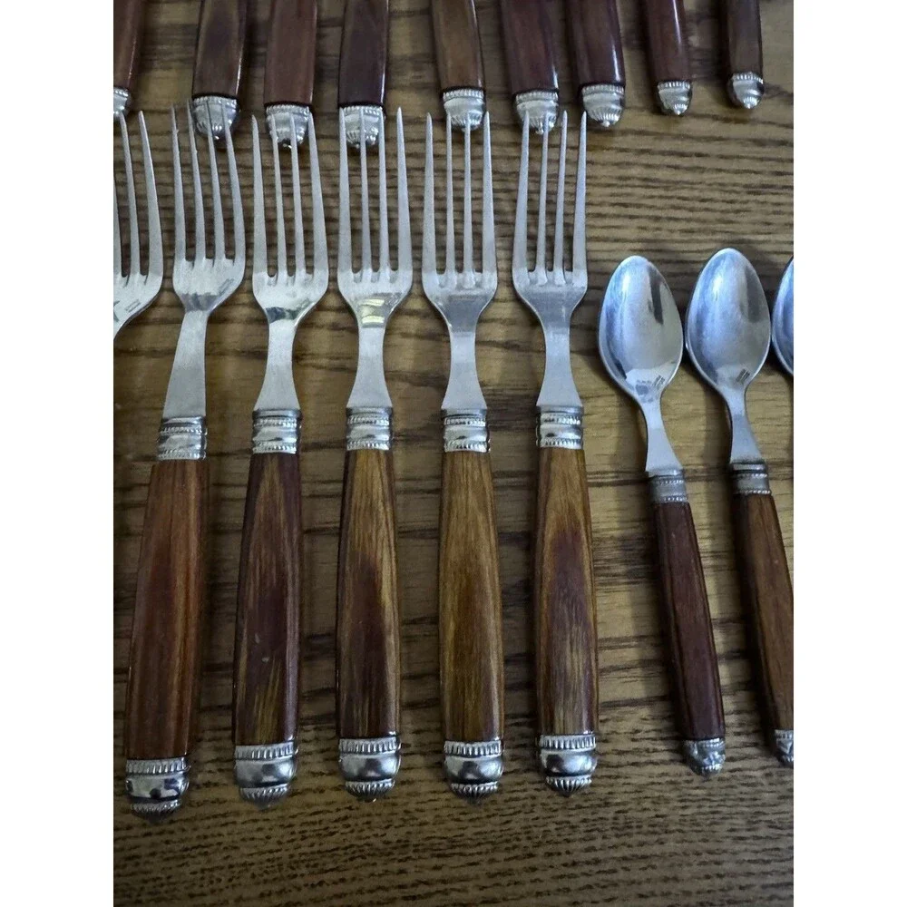 SCOF Mariposa France Recamier Teak Flatware Silverware Set 30 Pc Service For 6